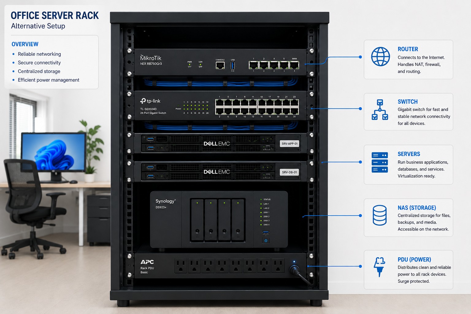 Office server rack set up by Netbus showing router, 24-port gigabit switch, Dell application and database servers, Synology NAS storage and APC PDU power distribution